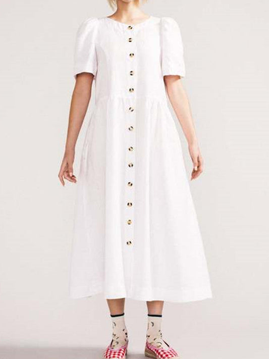 Vestido midi de lino blanco abotonado con escote en V y un bolsillo práctico