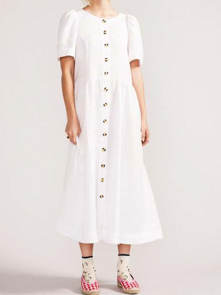 Vestido midi de lino blanco abotonado con escote en V y un bolsillo práctico