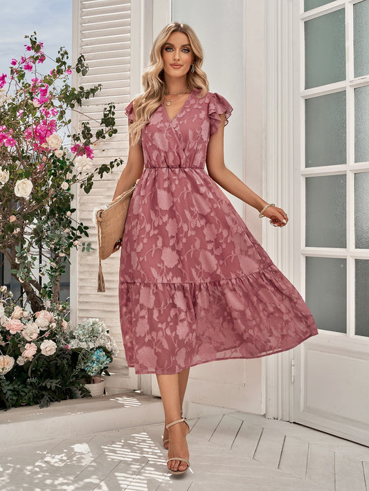Rebecca Vestido midi A-line con escote en V, estampado floral, mangas volantes y escote cruzado
