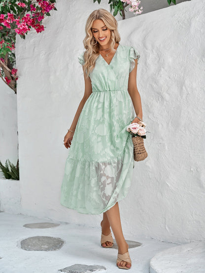 Rebecca Vestido midi A-line con escote en V, estampado floral, mangas volantes y escote cruzado