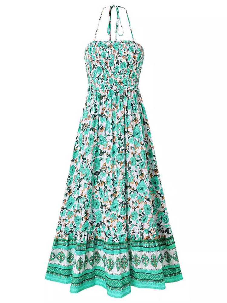 Vestido maxi de estampado floral con escote halter y corpiño fruncido