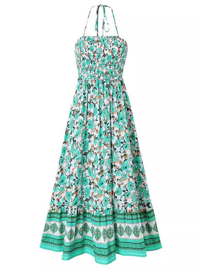 Vestido maxi de estampado floral con escote halter y corpiño fruncido