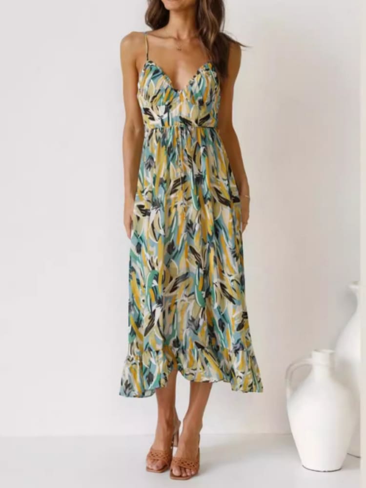 Vestido midi sin mangas con estampado floral y ribete de volantes delicados