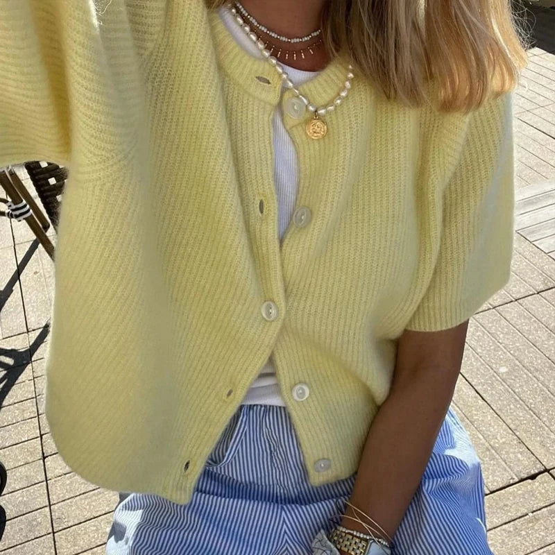 Top de punto para mujer con cuello redondo, estética vintage Y2K, de ajuste holgado; cárdigan de punto de manga corta con botones