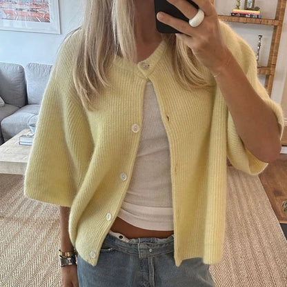 Top de punto para mujer con cuello redondo, estética vintage Y2K, de ajuste holgado; cárdigan de punto de manga corta con botones
