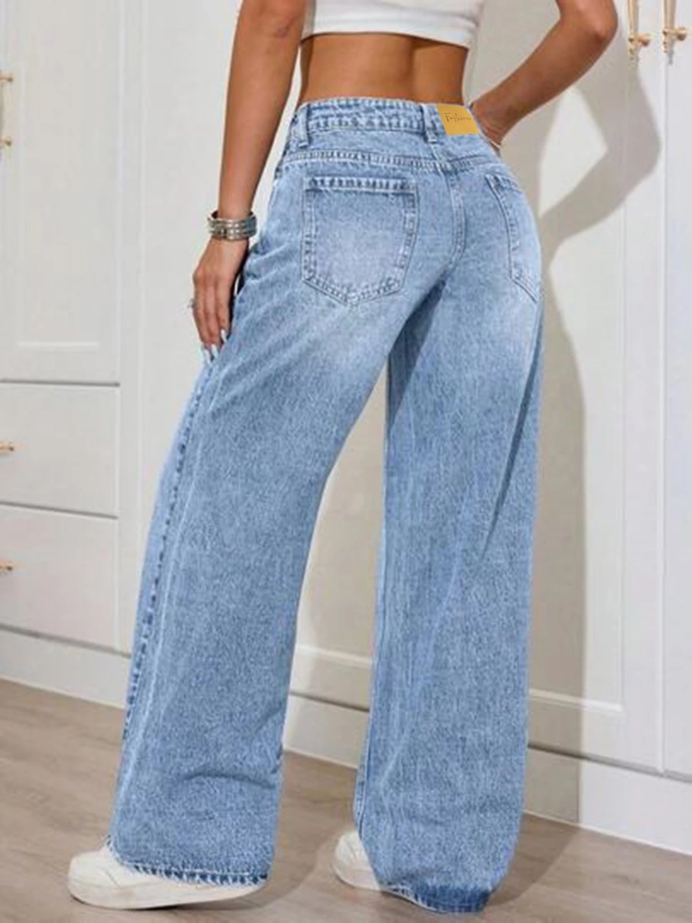Nuevos jeans de pierna ancha lavados en azul claro para mujer - ajuste holgado y cómodo, casual