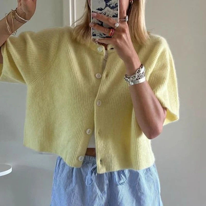Top de punto para mujer con cuello redondo, estética vintage Y2K, de ajuste holgado; cárdigan de punto de manga corta con botones