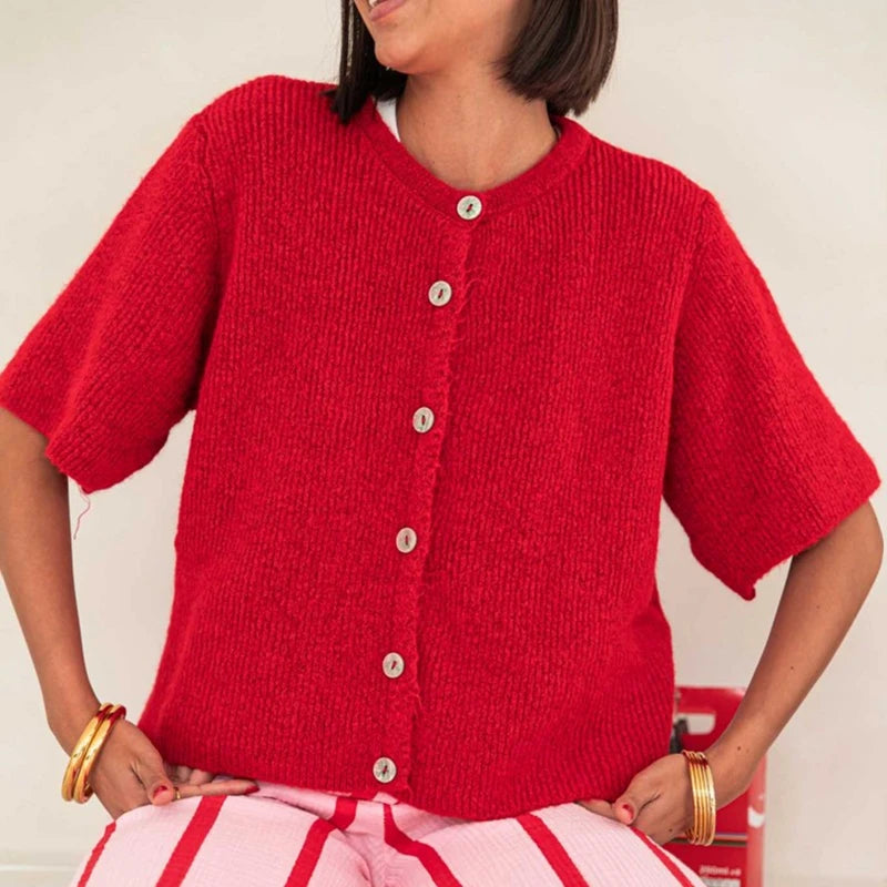 Top de punto para mujer con cuello redondo, estética vintage Y2K, de ajuste holgado; cárdigan de punto de manga corta con botones