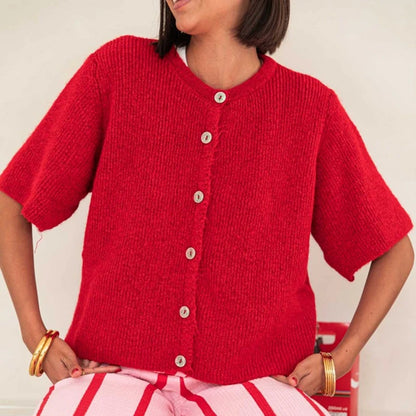 Top de punto para mujer con cuello redondo, estética vintage Y2K, de ajuste holgado; cárdigan de punto de manga corta con botones