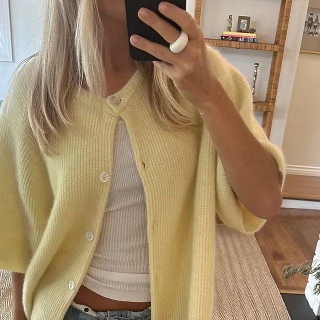 Top de punto para mujer con cuello redondo, estética vintage Y2K, de ajuste holgado; cárdigan de punto de manga corta con botones