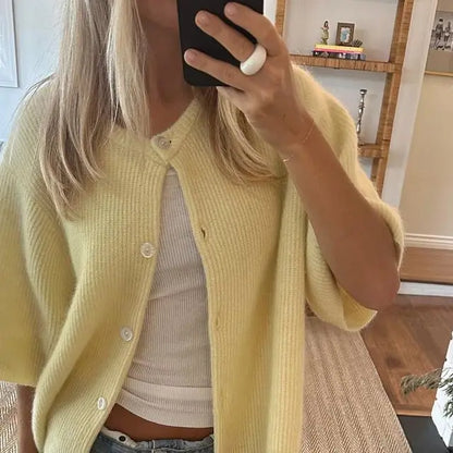 Top de punto para mujer con cuello redondo, estética vintage Y2K, de ajuste holgado; cárdigan de punto de manga corta con botones