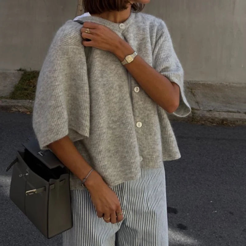 Top de punto para mujer con cuello redondo, estética vintage Y2K, de ajuste holgado; cárdigan de punto de manga corta con botones