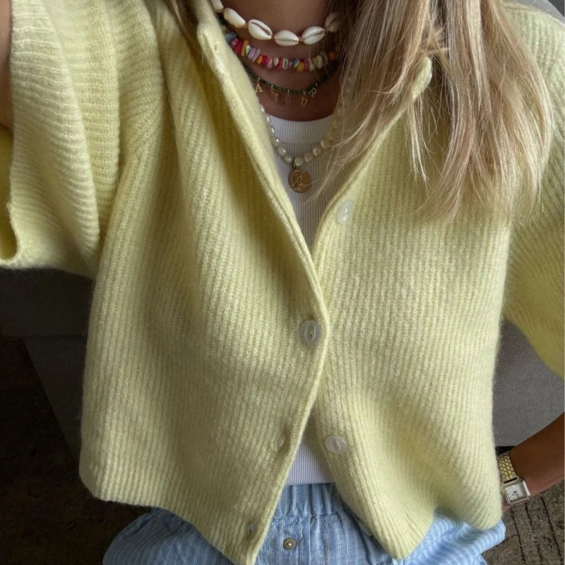 Top de punto para mujer con cuello redondo, estética vintage Y2K, de ajuste holgado; cárdigan de punto de manga corta con botones