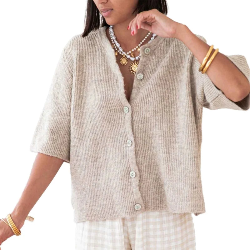 Top de punto para mujer con cuello redondo, estética vintage Y2K, de ajuste holgado; cárdigan de punto de manga corta con botones