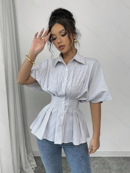 French Vintage Elegant Striped Waist Slim Blouse Women Cute Short Sleeve Shirt Collar Single Breasted Peplum Hem Retro Chic Tops