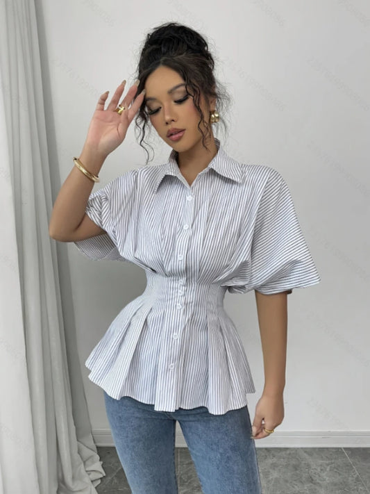 French Vintage Elegant Striped Waist Slim Blouse Women Cute Short Sleeve Shirt Collar Single Breasted Peplum Hem Retro Chic Tops
