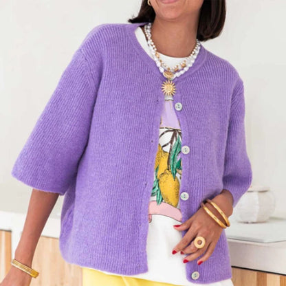 Top de punto para mujer con cuello redondo, estética vintage Y2K, de ajuste holgado; cárdigan de punto de manga corta con botones