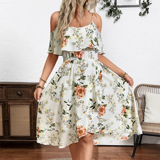 Vestido midi de tirantes elegante con estampado floral para mujer - 2025, con ribete de volantes, dobladillo irregular y corte en A casual