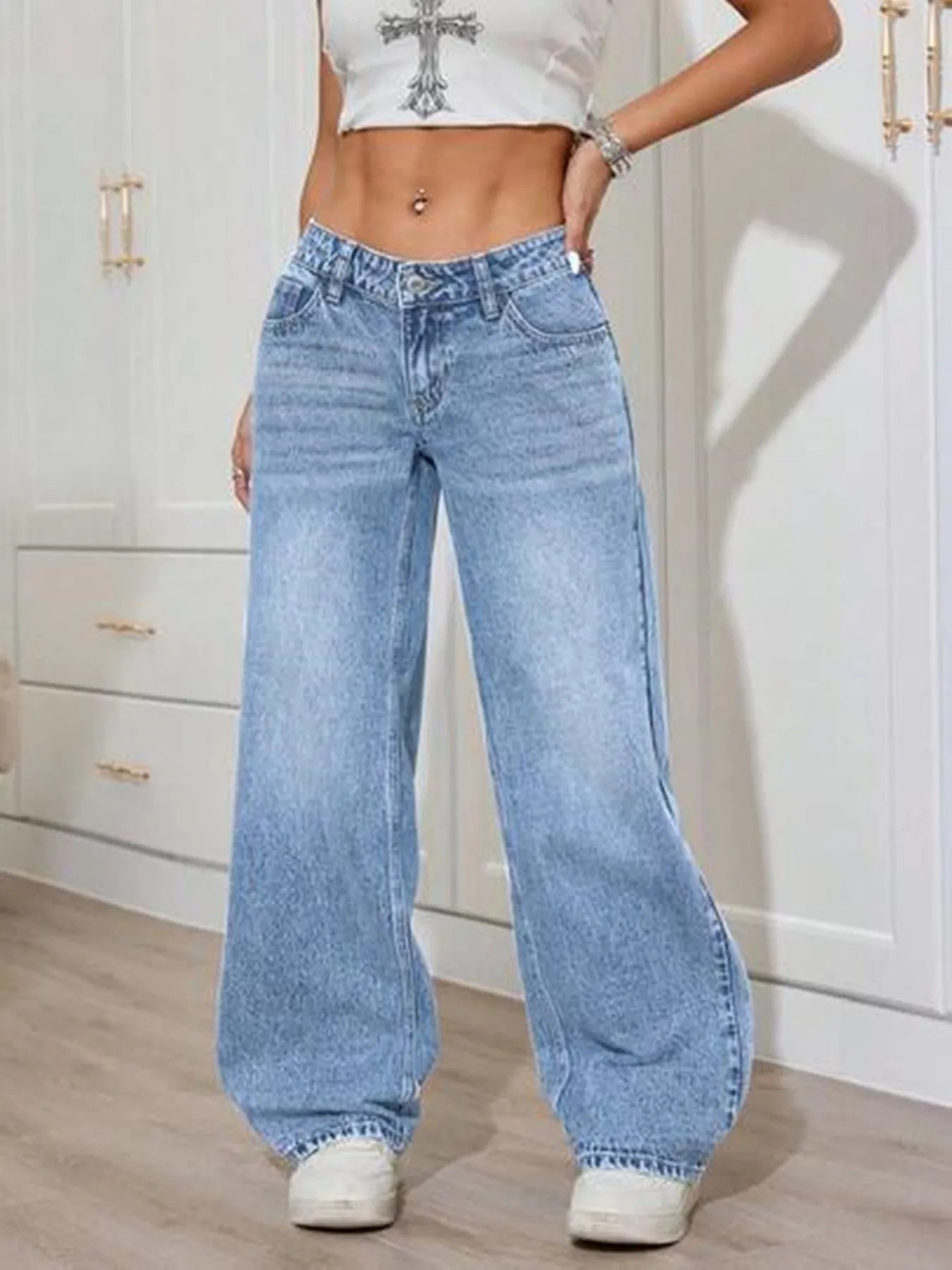 Nuevos jeans de pierna ancha lavados en azul claro para mujer - ajuste holgado y cómodo, casual