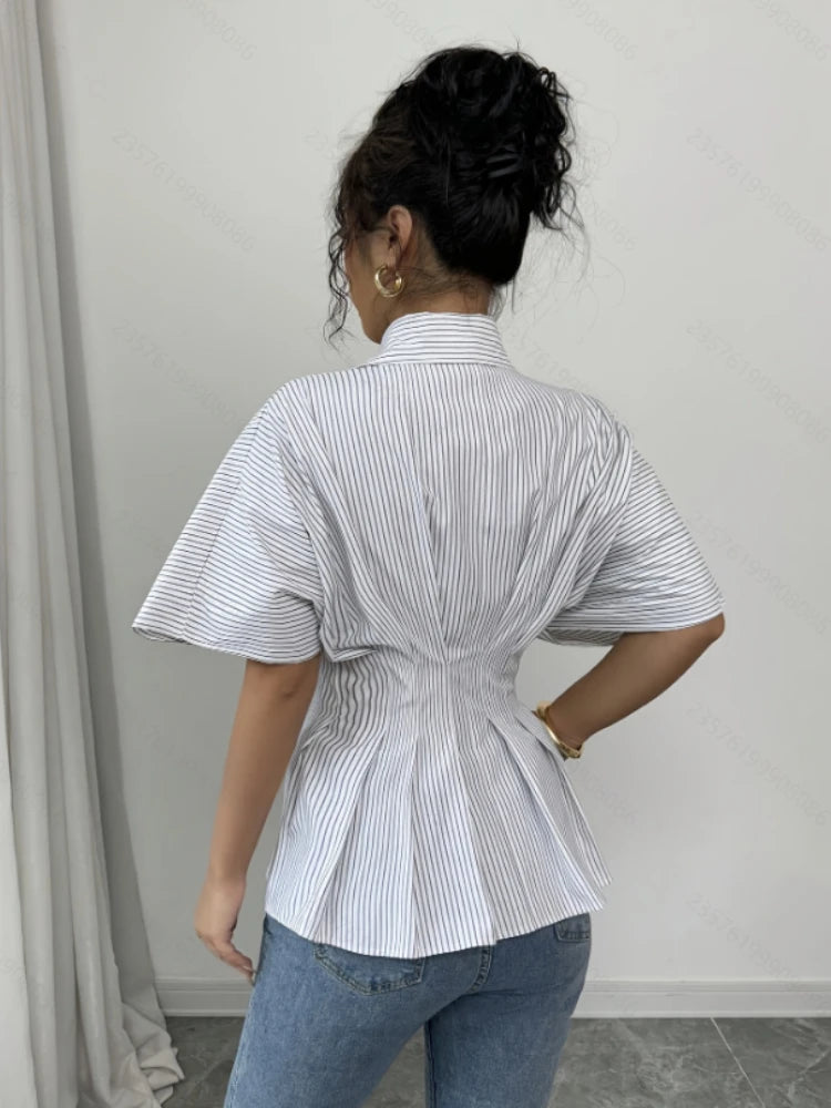 French Vintage Elegant Striped Waist Slim Blouse Women Cute Short Sleeve Shirt Collar Single Breasted Peplum Hem Retro Chic Tops
