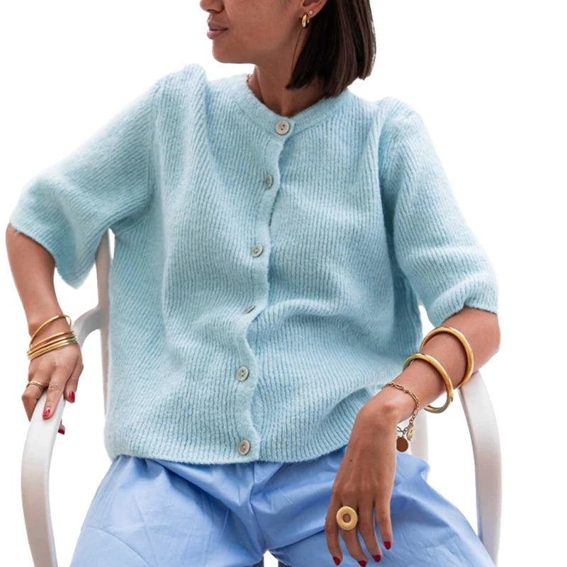 Top de punto para mujer con cuello redondo, estética vintage Y2K, de ajuste holgado; cárdigan de punto de manga corta con botones
