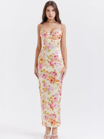 Vestido Maxi Marfil con Estampado Floral - Silueta de Largo Hasta el Suelo