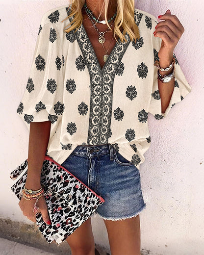 Blusa vintage con estampado barroco de colocación, escote en V, manga farol, casual de manga larga y corte holgado, top bohemio