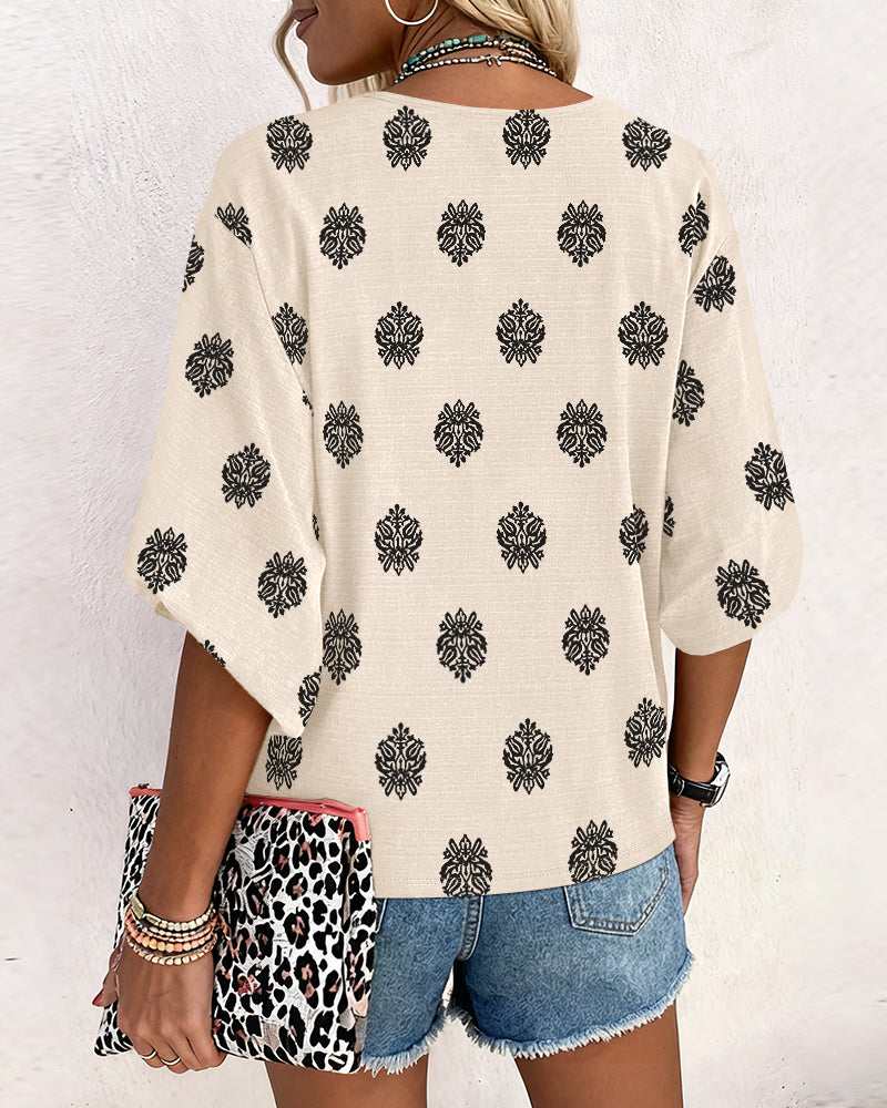 Blusa vintage con estampado barroco de colocación, escote en V, manga farol, casual de manga larga y corte holgado, top bohemio