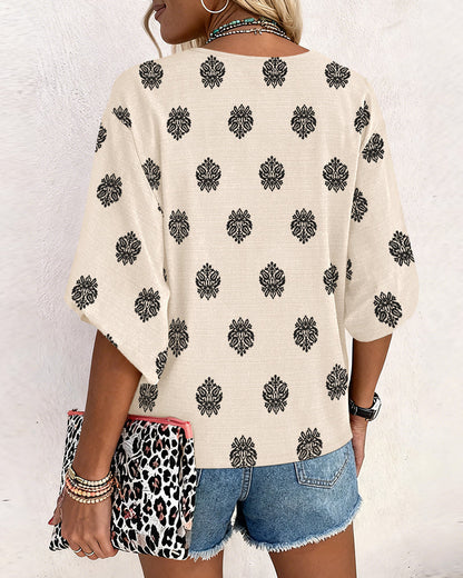 Blusa vintage con estampado barroco de colocación, escote en V, manga farol, casual de manga larga y corte holgado, top bohemio