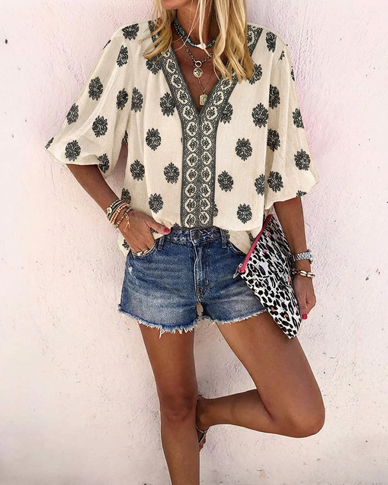 Blusa vintage con estampado barroco de colocación, escote en V, manga farol, casual de manga larga y corte holgado, top bohemio