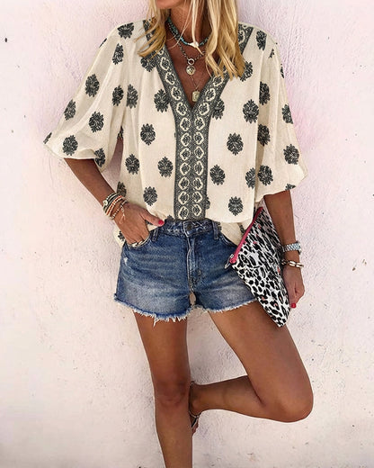 Blusa vintage con estampado barroco de colocación, escote en V, manga farol, casual de manga larga y corte holgado, top bohemio