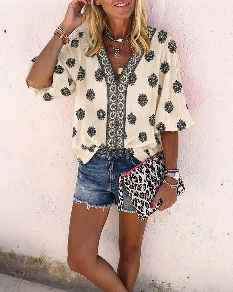 Blusa vintage con estampado barroco de colocación, escote en V, manga farol, casual de manga larga y corte holgado, top bohemio