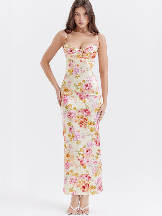Vestido Maxi Marfil con Estampado Floral - Silueta de Largo Hasta el Suelo