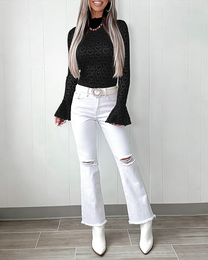 CHICME Blusa para mujer de punto jacquard con diseño de corazón, cuello alto, manga larga con puño acampanado, ajuste entallado, con ribete de volantes y detalles calados