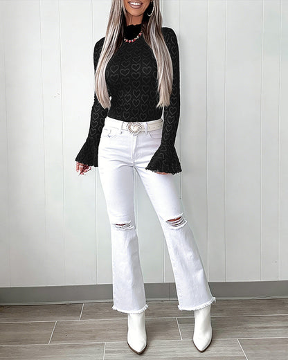 CHICME Blusa para mujer de punto jacquard con diseño de corazón, cuello alto, manga larga con puño acampanado, ajuste entallado, con ribete de volantes y detalles calados