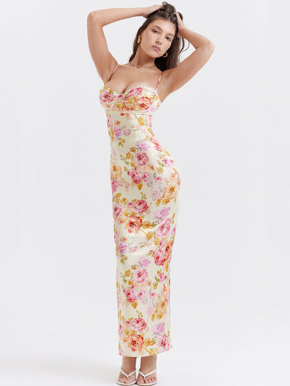 Vestido Maxi Marfil con Estampado Floral - Silueta de Largo Hasta el Suelo