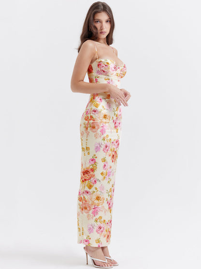 Vestido Maxi Marfil con Estampado Floral - Silueta de Largo Hasta el Suelo