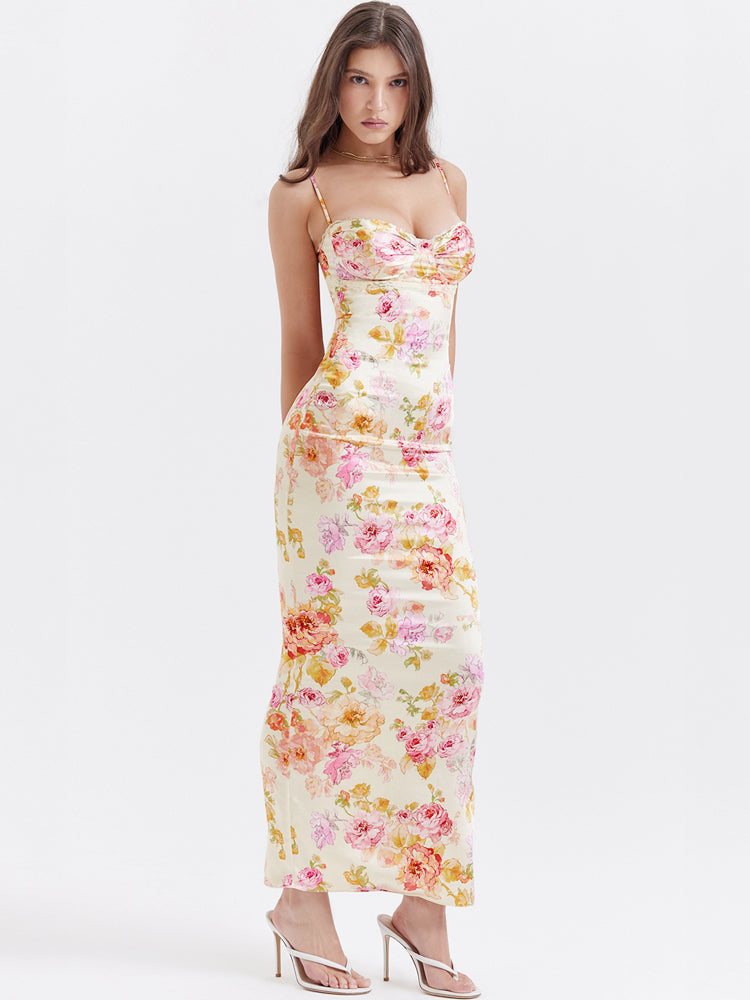 Vestido Maxi Marfil con Estampado Floral - Silueta de Largo Hasta el Suelo