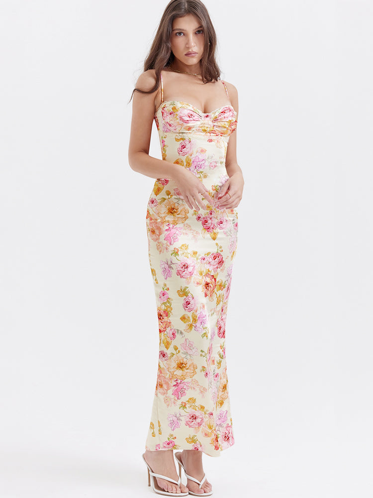 Vestido Maxi Marfil con Estampado Floral - Silueta de Largo Hasta el Suelo