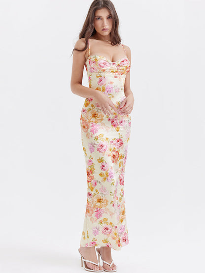 Vestido Maxi Marfil con Estampado Floral - Silueta de Largo Hasta el Suelo