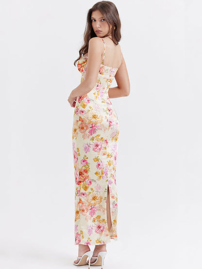 Vestido Maxi Marfil con Estampado Floral - Silueta de Largo Hasta el Suelo