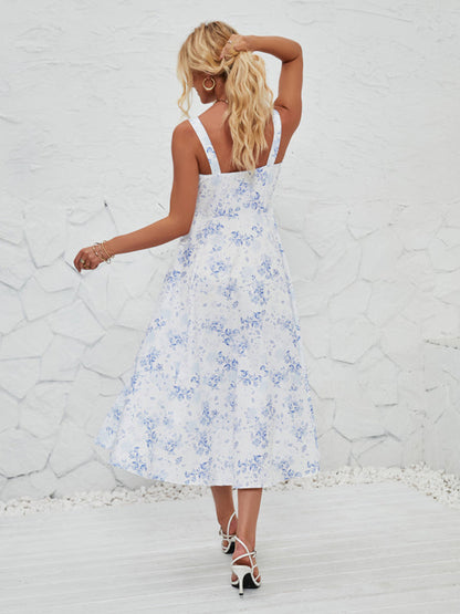 Vestido midi sin mangas para mujer con estampado floral y abertura en la pierna – look veraniego y fresco