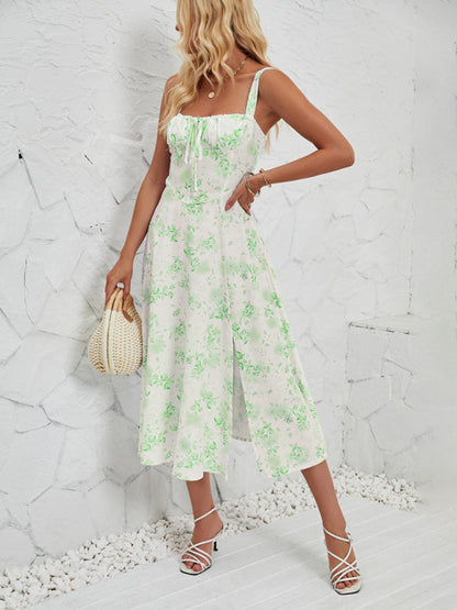 Vestido midi sin mangas para mujer con estampado floral y abertura en la pierna – look veraniego y fresco