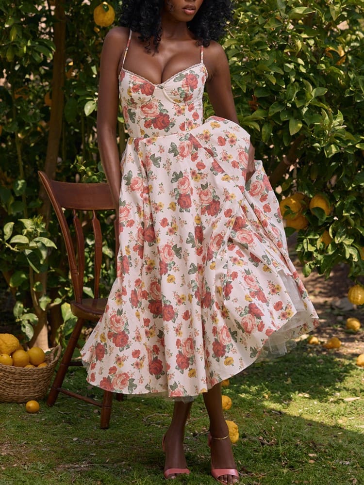 Vestido midi de tul con estampado de rosas italiano romántico