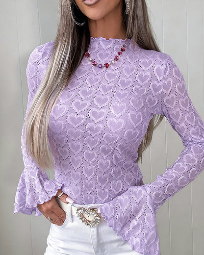 CHICME Blusa para mujer de punto jacquard con diseño de corazón, cuello alto, manga larga con puño acampanado, ajuste entallado, con ribete de volantes y detalles calados