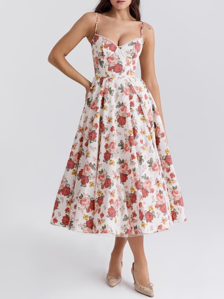 Vestido midi de tul con estampado de rosas italiano romántico