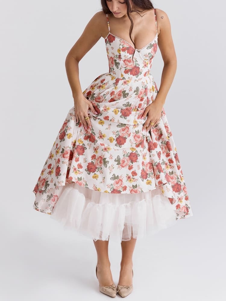 Vestido midi de tul con estampado de rosas italiano romántico