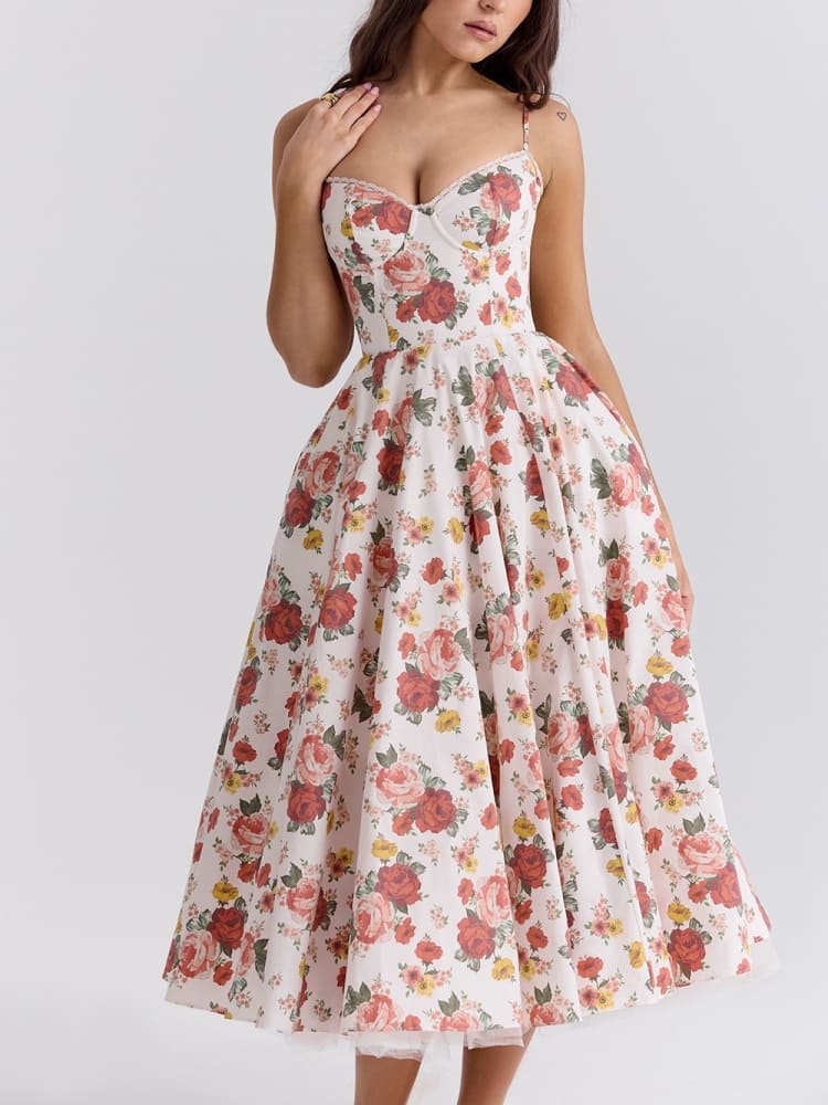 Vestido midi de tul con estampado de rosas italiano romántico