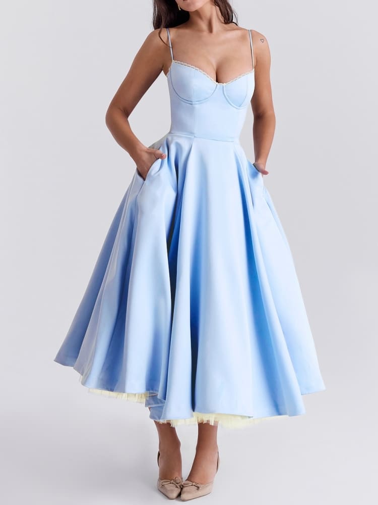 Vestido midi de tul azul Cenicienta - Silueta etérea y elegante