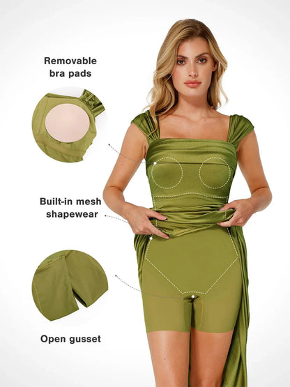 Vestido maxi moldeador de hombros descubiertos, brillante y con frunces